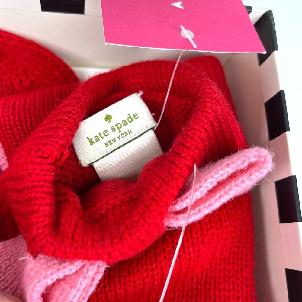 KATE SPADE Beanie Hat and Glove Colorblock Bow Set NEW Charm Red & Pink